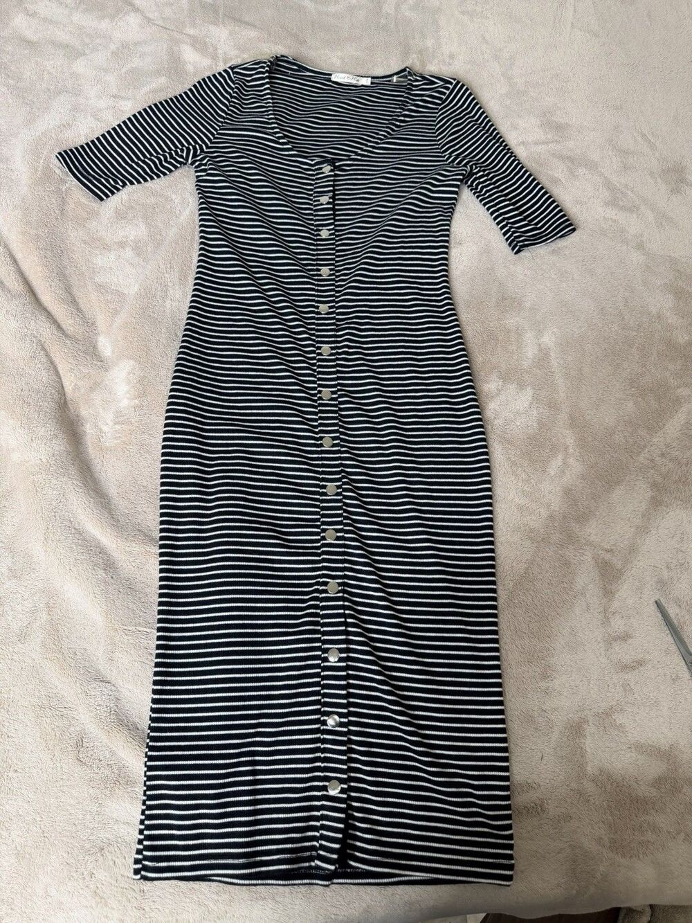 Heart HipsBlack White Striped Midi Dress Women M Stretch Bodycon Button Front - Picture 2 of 11